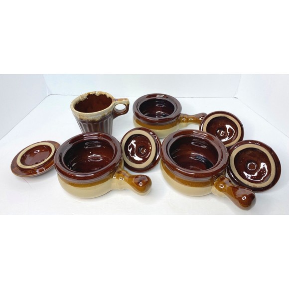 Soup Bowls , GLAZED STONEWARE CLAY WITH HANDLE AND LID 3 lot, 1 Mug Monmouth - Picture 9 of 15